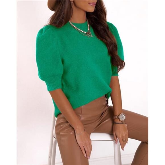 Women's Trendy Crew Neck Puff Short Sleeve Sweater Tops for Spring and Summer - Picture 4 of 6
